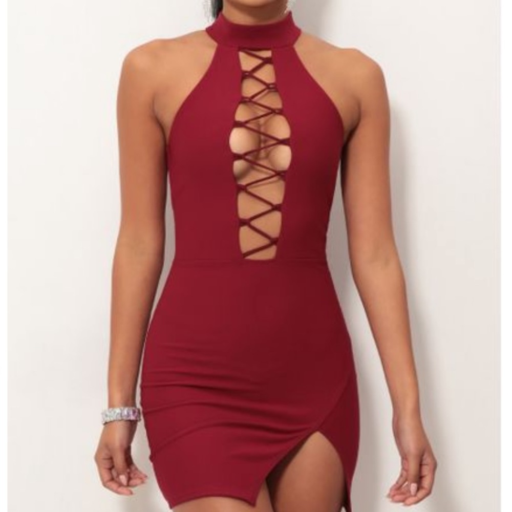 NWOT Lucy in the sky high neck plunge dress